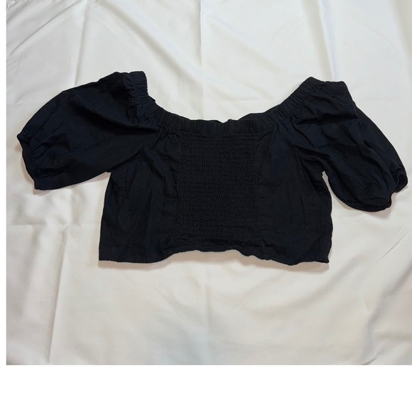 Wild Fable Black Lace Up Corset Crop Top Puff Sleeve Smocked Back Large Linen - Picture 2 of 7